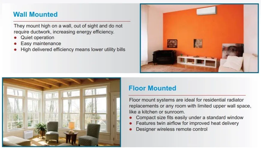 Floor and wall mounted heat pump features.